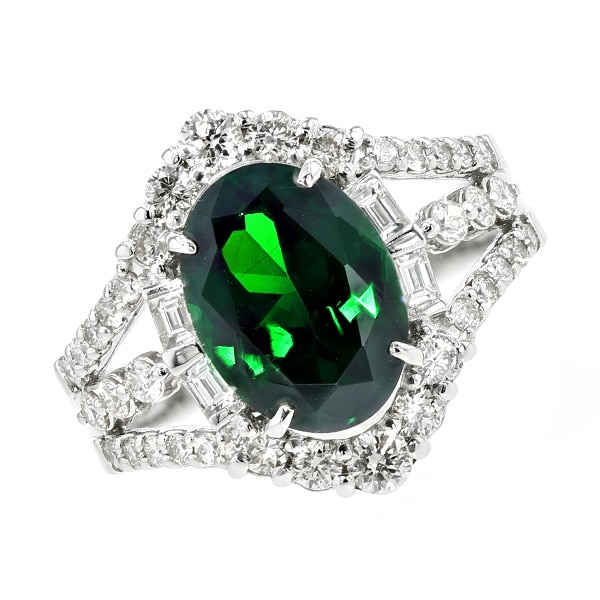 グリーンガーネット リング 3.45ct オーバルミックスカット プラチナ 第三者機関による 鑑別書付 【R】