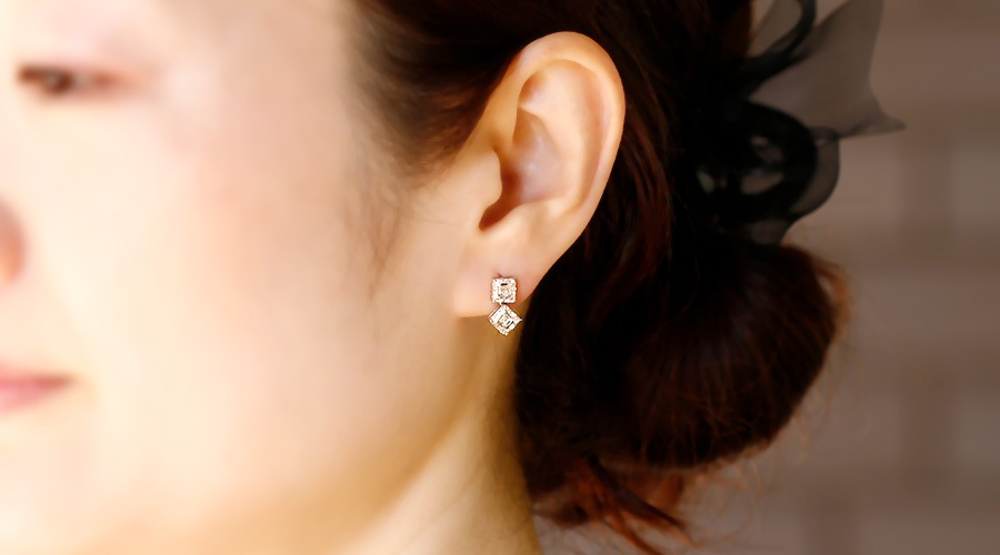 ダイヤモンド ピアス 4ct(Total) L SI1～SI2 スクエアエメラルドカット