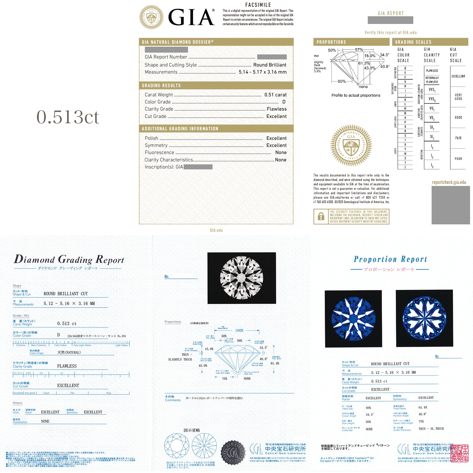 ダイヤモンド ルース 0.5ct D FL 3EX H&C 中央宝石研究所/GIA 鑑定書付