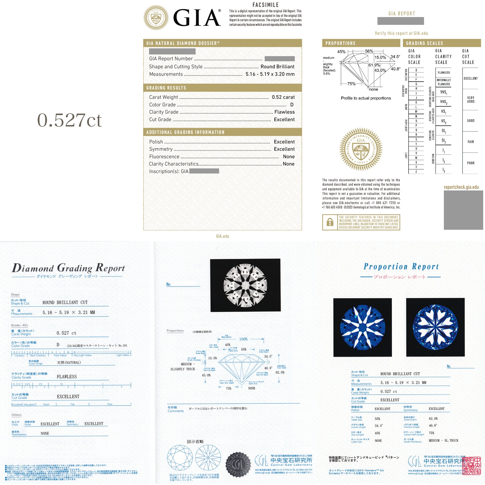 ダイヤモンド ルース 0.5ct D FL 3EX H&C 中央宝石研究所/GIA 鑑定書付