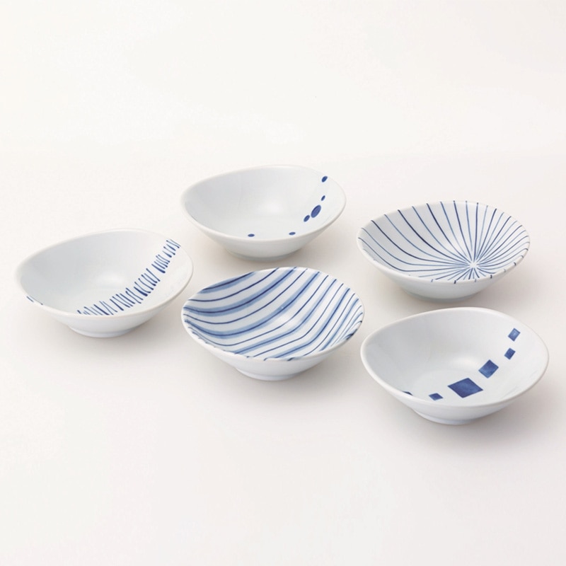 染付幾何紋 楕円小付揃