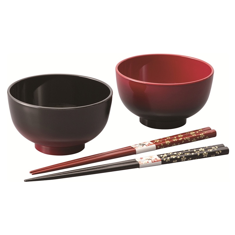 紀州塗 茜レンジ汁椀ペア(箸付)