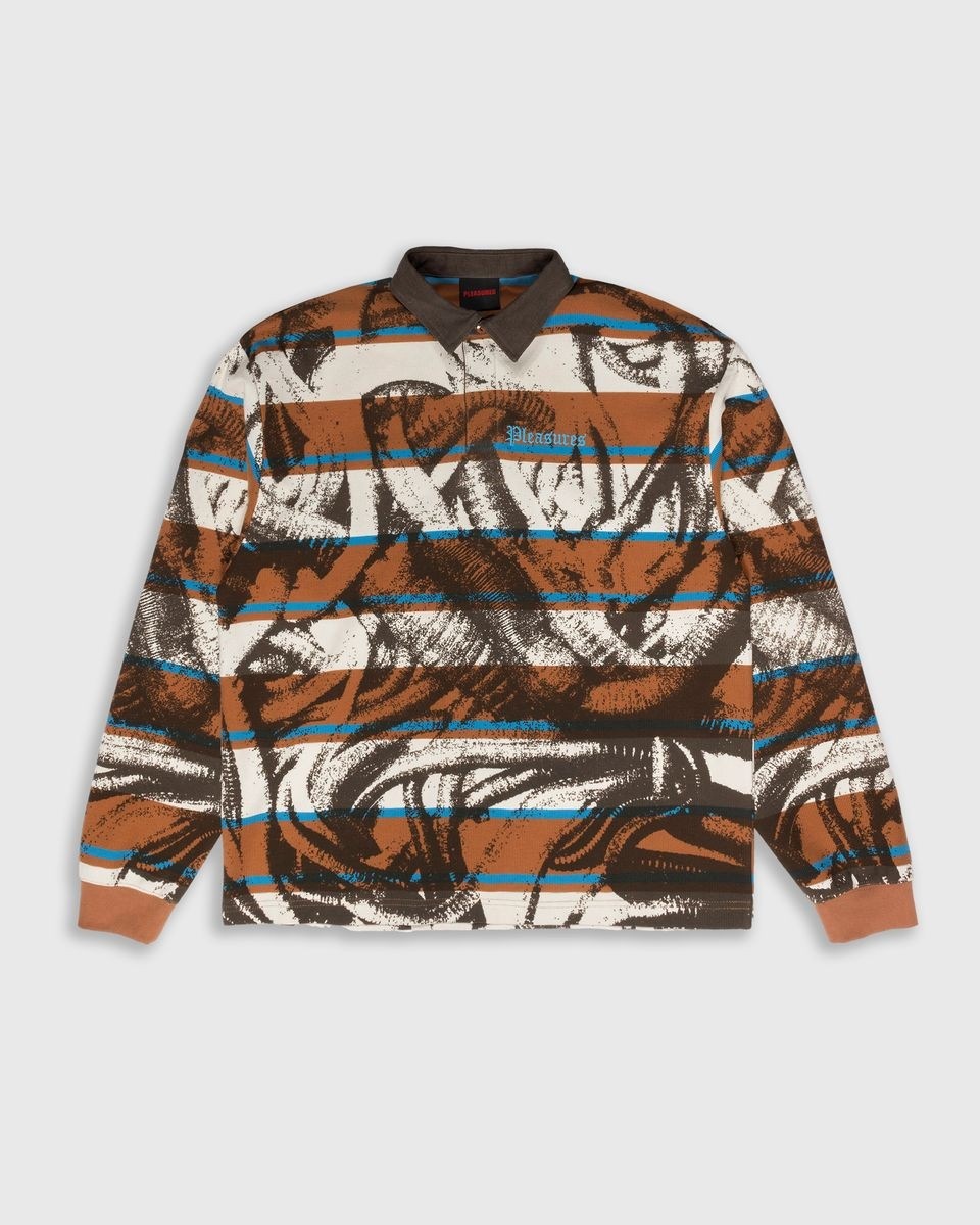 ��PLEASURES/�ץ쥸�㡼����WORMS RUGBY LONG SLEEVE POLO �ݥ������ / BROWN STRIPE