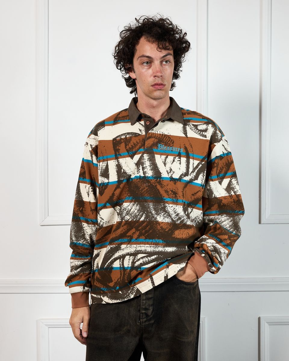 ��PLEASURES/�ץ쥸�㡼����WORMS RUGBY LONG SLEEVE POLO �ݥ������ / BROWN STRIPE