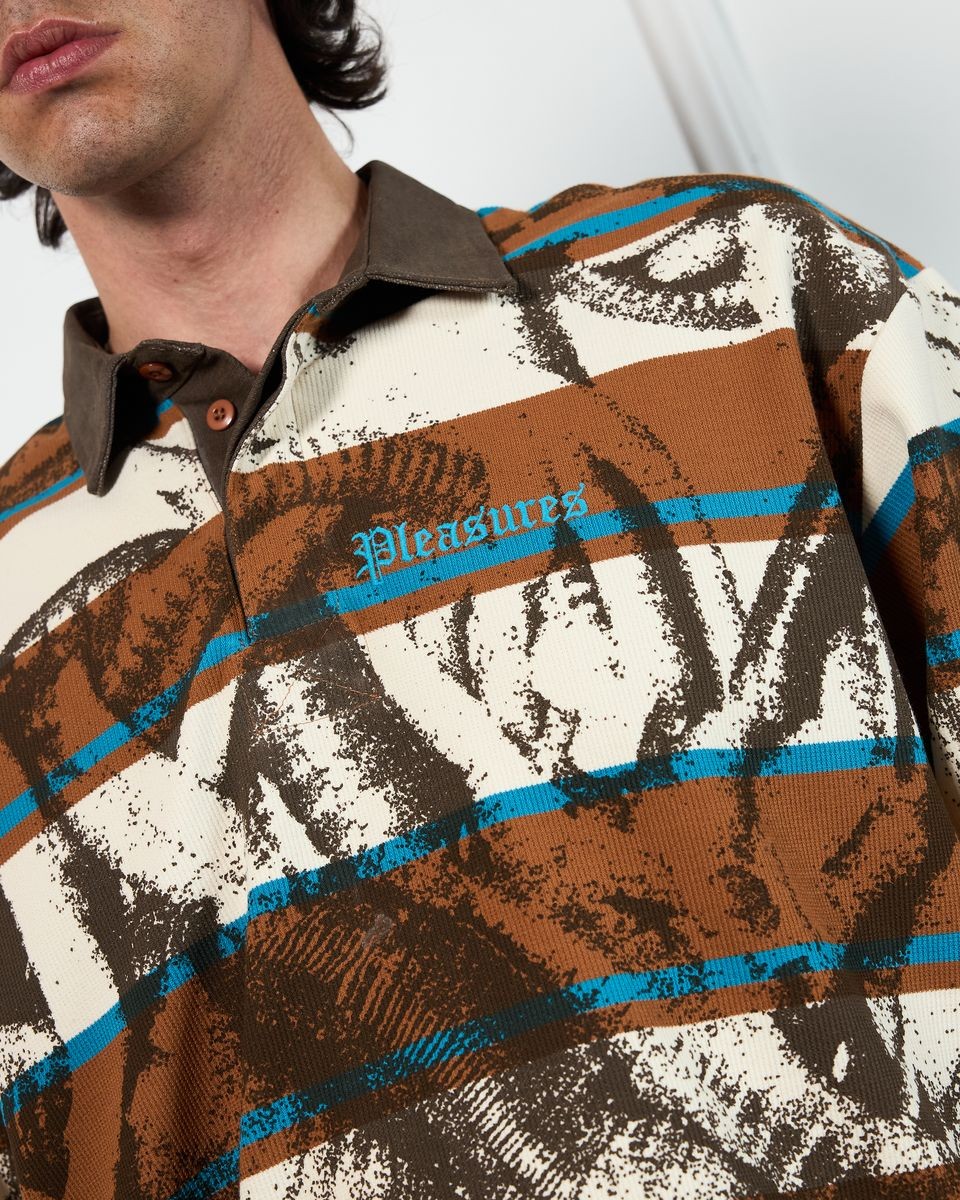 ��PLEASURES/�ץ쥸�㡼����WORMS RUGBY LONG SLEEVE POLO �ݥ������ / BROWN STRIPE