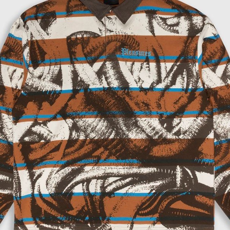 ��PLEASURES/�ץ쥸�㡼����WORMS RUGBY LONG SLEEVE POLO �ݥ������ / BROWN STRIPE