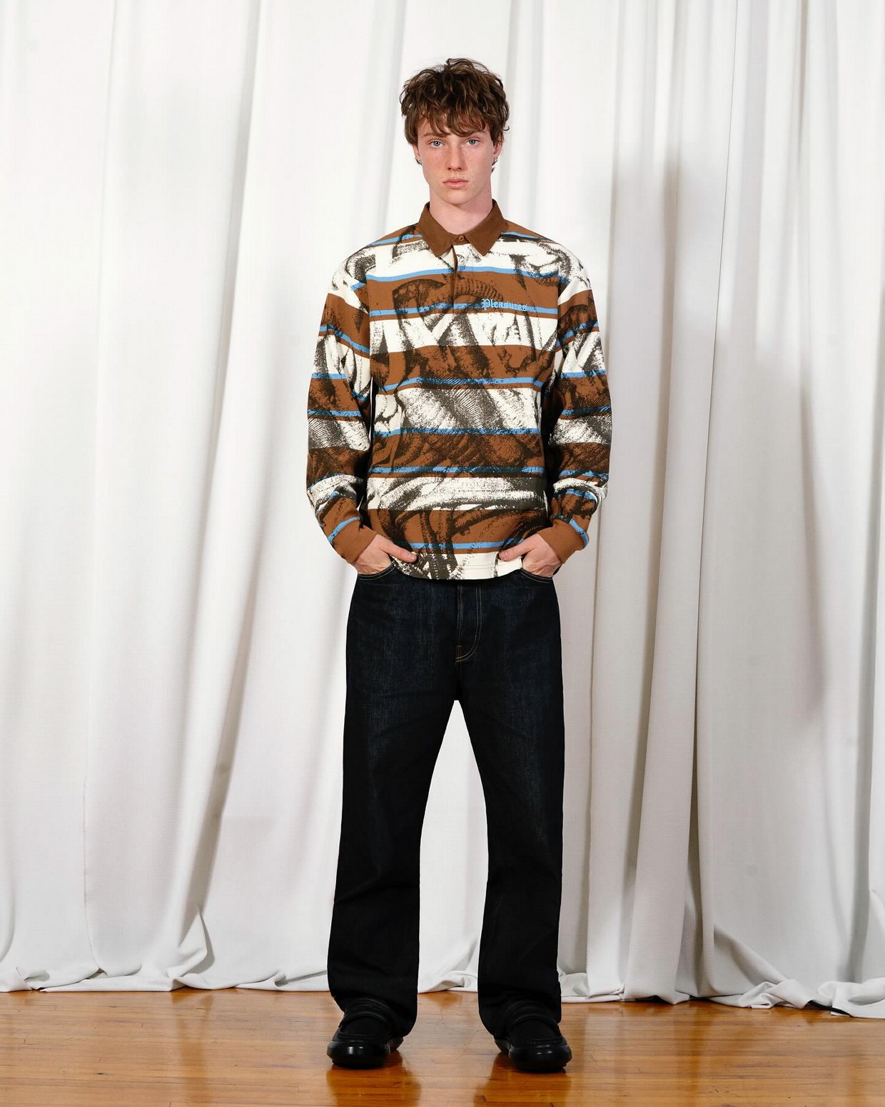 ��PLEASURES/�ץ쥸�㡼����WORMS RUGBY LONG SLEEVE POLO �ݥ������ / BROWN STRIPE
