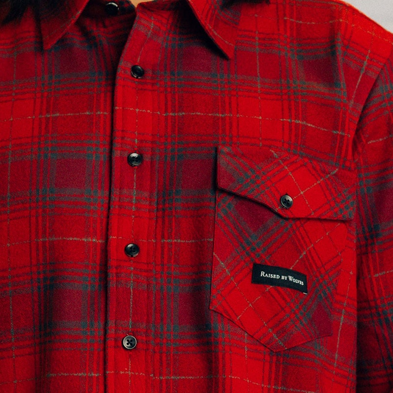 ��RAISED BY WOLVES/�쥤���ɥХ�����֥���PLAID FLANNEL SHIRT Ĺµ����� / RED