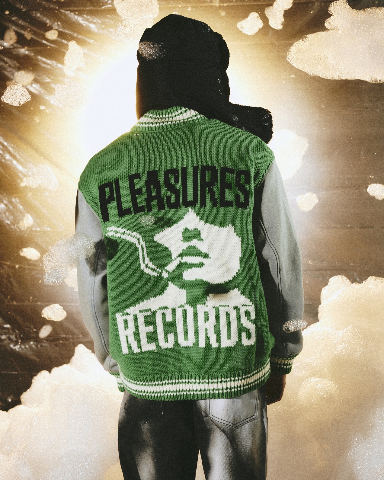 PLEASURES/ץ쥸㡼SMOKE KNITTED VARSITY JACKET Сƥ㥱å / GREEN