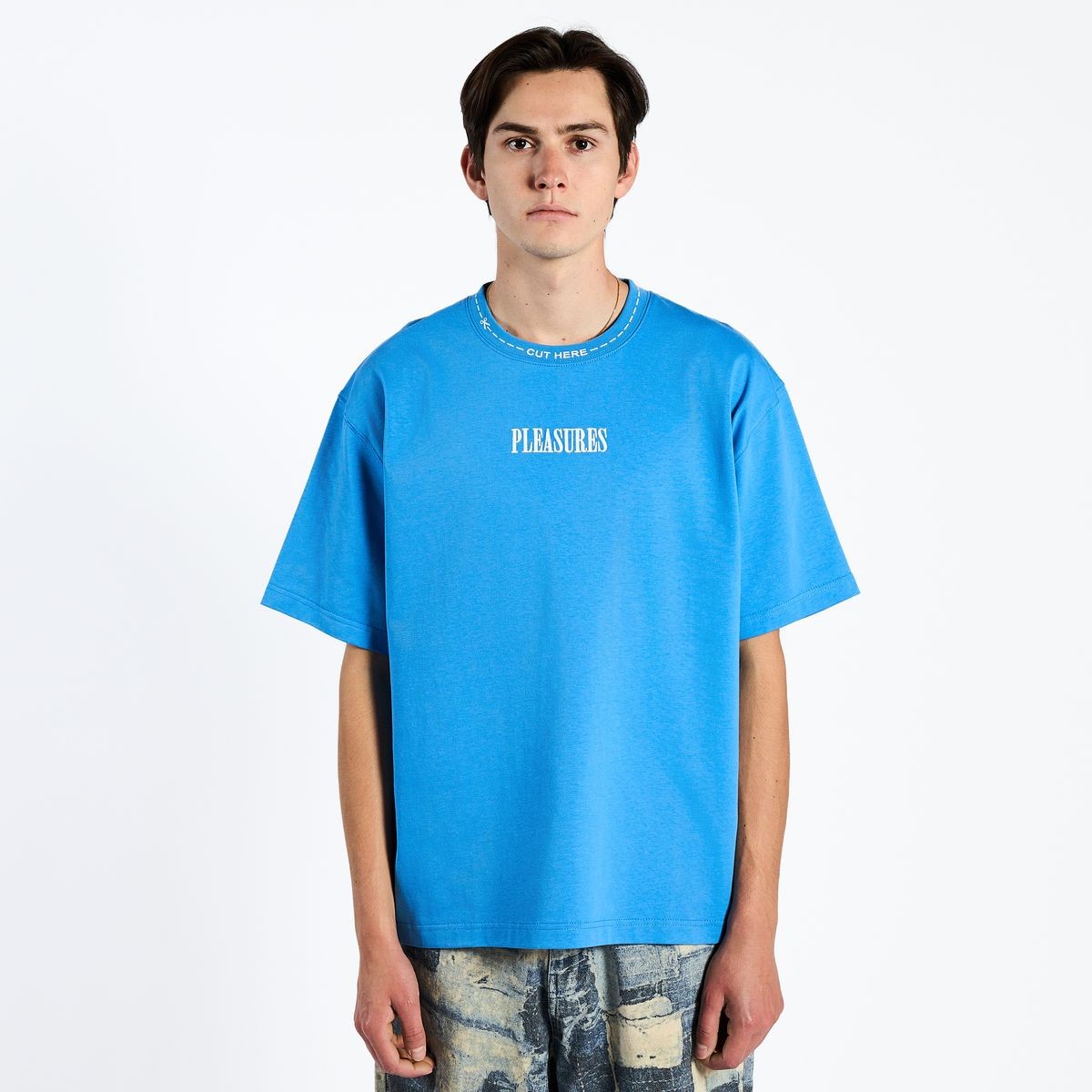 ��PLEASURES/�ץ쥸�㡼����CUT HERE HEAVYWEIGHT SHIRT T����� / BLUE