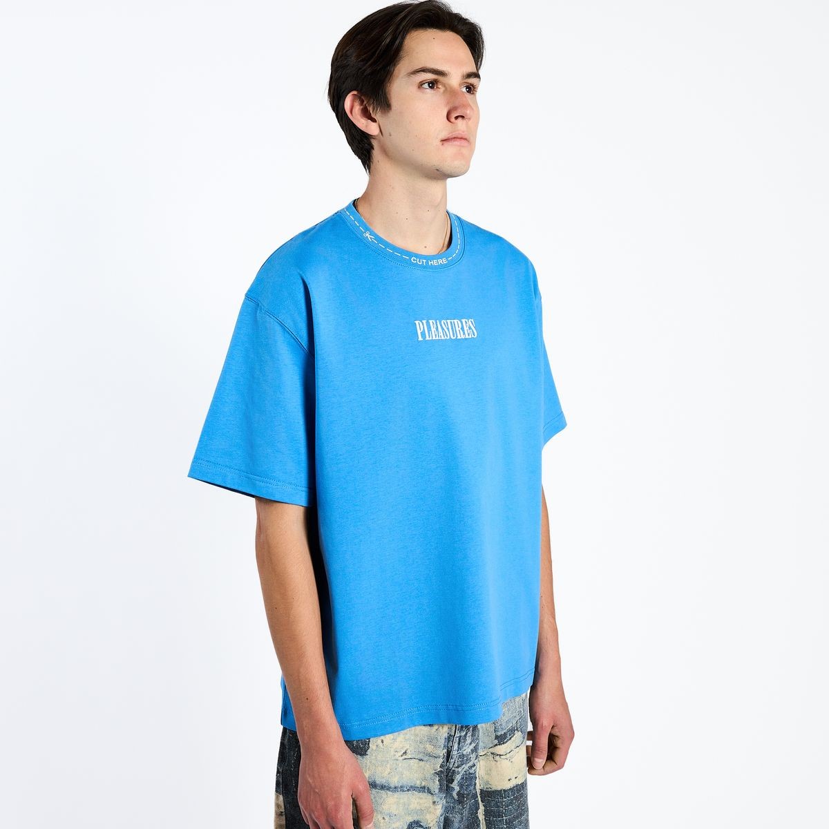 ��PLEASURES/�ץ쥸�㡼����CUT HERE HEAVYWEIGHT SHIRT T����� / BLUE