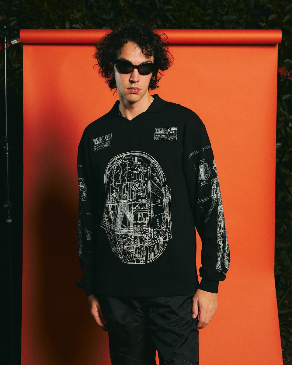��PLEASURES/�ץ쥸�㡼����DAFT PUNK/���եȡ��ѥ󥯡�SCHEMATIC LONG SLEEVE POLO �ݥ������ / BLACK