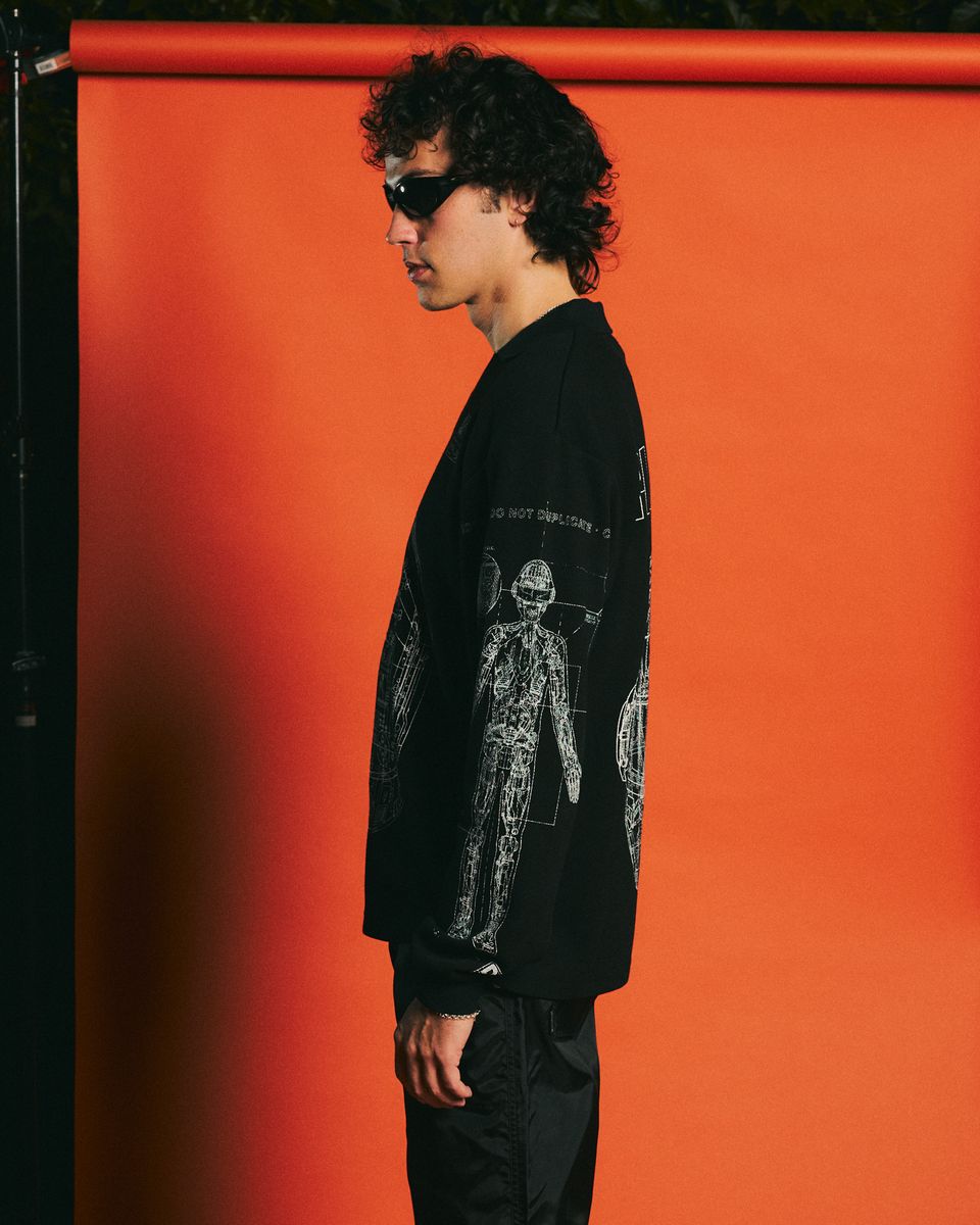 ��PLEASURES/�ץ쥸�㡼����DAFT PUNK/���եȡ��ѥ󥯡�SCHEMATIC LONG SLEEVE POLO �ݥ������ / BLACK