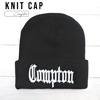 COMPTON ニットキャップ ニット帽 ブラック 黒 ビーニーキャップ 帽子 コンプトン カリフォルニア 折り返し KNIT CAP ロゴ 刺繍 ニット アウトドア キャンプ 暖かい 防寒 おしゃれ