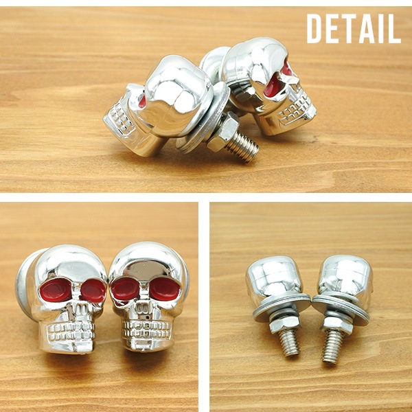 ナンバープレート　ボルト　スカル　特大　シルバー　立体髑髏　2個セット　蝶ナット付き　デコ　飾り : スカルバイクのナンバープレートボルト | バイクナンバープレートフレーム スカルレッドアイデザイン -  安全に使用可能、オートバイ、オートバイの電気自動車パーソナライズされた修正ユニバーサルライセンスフレームスカルスクリューカードナンバープレートネジゴーストヘッド装飾ネジ