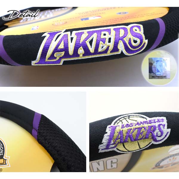 レイカーズ ハンドルカバー ステアリングカバー ブラック 刺繍 ロゴ NBA LOS ANGELES LAKERS 汎用 車 ロサンゼルス