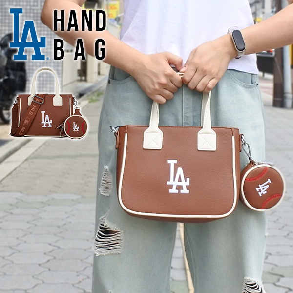 新品MLB公式ドジャースショルダービーガンレザーバッグハンドバッグポーチ付 ドジャース ハンドバッグ ブラウン バッグ MLB dodgers LA LOS ANGELES