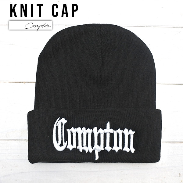 COMPTON ニットキャップ ニット帽 ブラック 黒 ビーニーキャップ