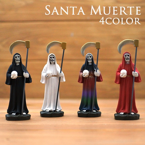 メキシコの死の聖母「サンタ・ムエルテ」のミニフィギュアお香キーホルダー サンタムエルテ オブジェ 全4色 ブラック ホワイト マルチカラー