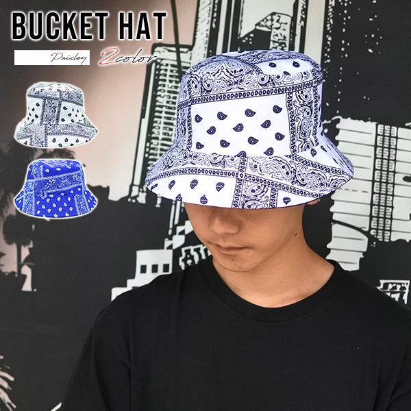 バケットハット ペイズリー 全2色 ホワイト ブルー メンズ