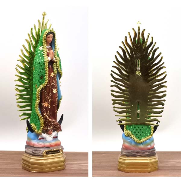 グアダルーペマリア 置物 約35.5cm グリーン ゴールド 光背付き 大きめ