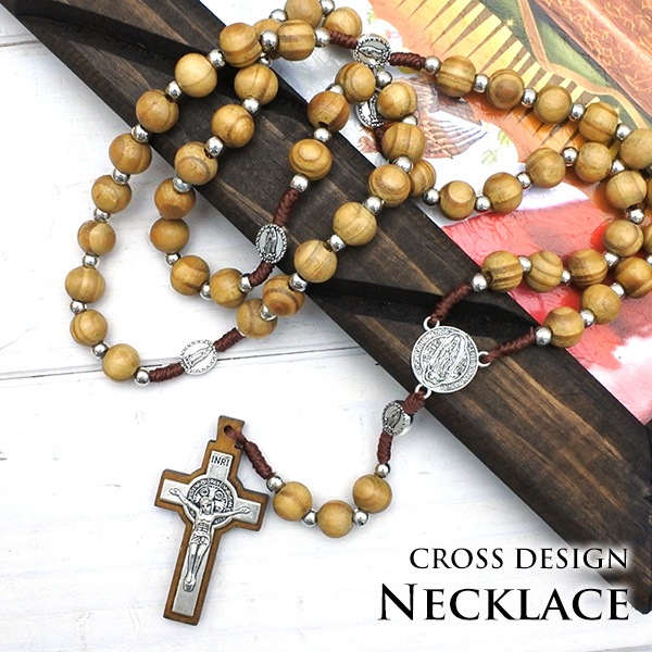 ロザリオ ネックレス ライトブラウン ジーザスクロス 十字架 キリスト