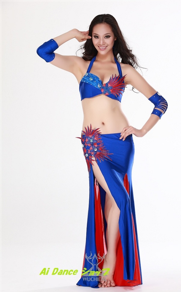 【ベリーダンス用オリエンタル衣装】ラメ入りブルー ブラトップ スリットスカート ベリーダンス用オリエンタル衣装】ラメ入りブルー ブラトップ