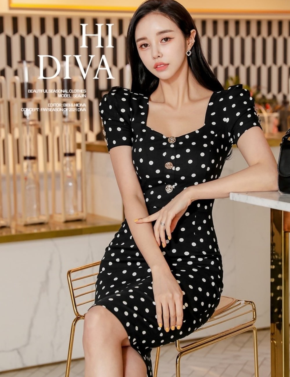Aidmax 丈長 ドレス ワンピース ブラック ドット 袖あり S M 韓国 ドレス通販 Shape 丈長 公式通販 Aidmaxgirlsstyle
