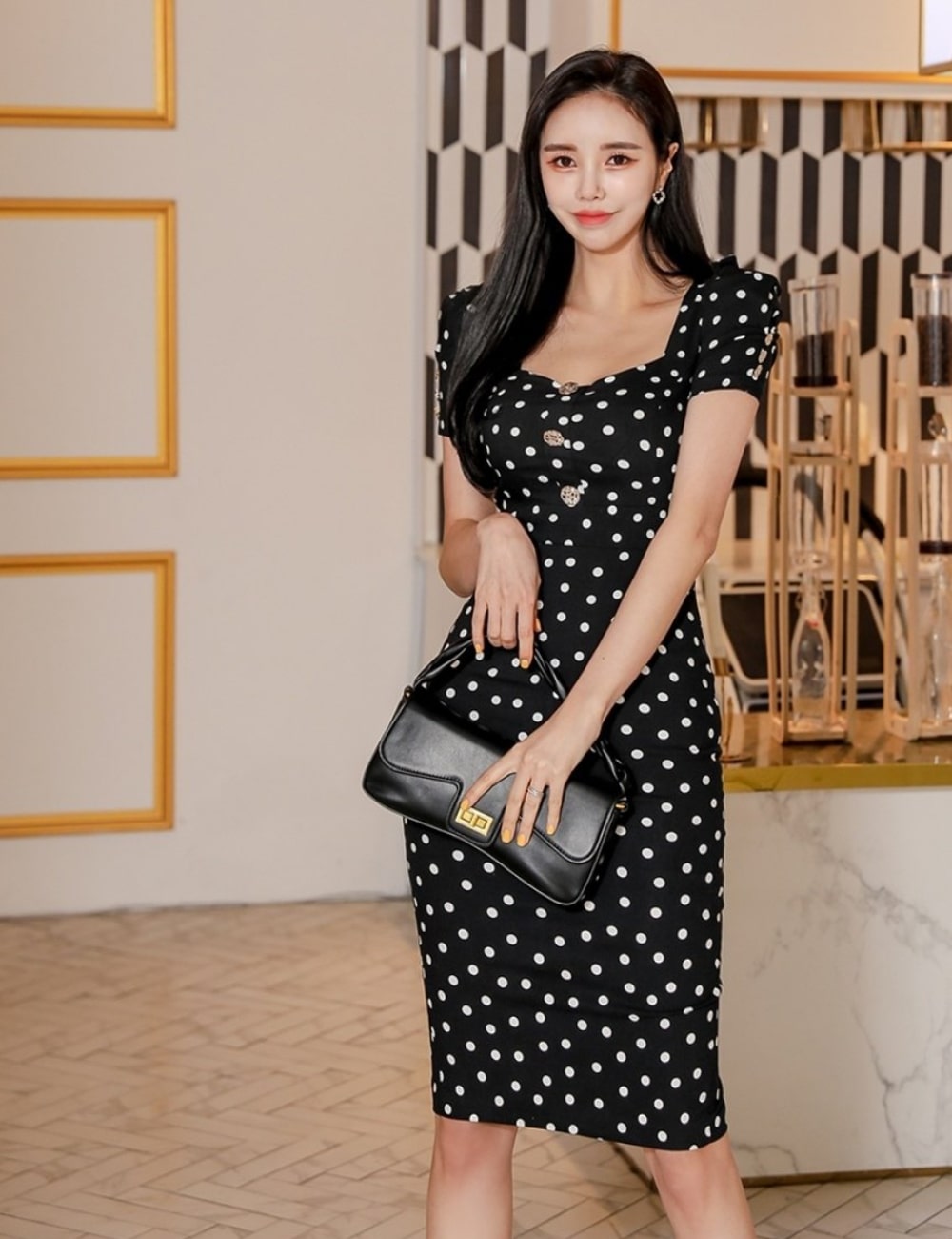 Aidmax 丈長 ドレス ワンピース ブラック ドット 袖あり S M 韓国 ドレス通販 Shape 丈長 公式通販 Aidmaxgirlsstyle