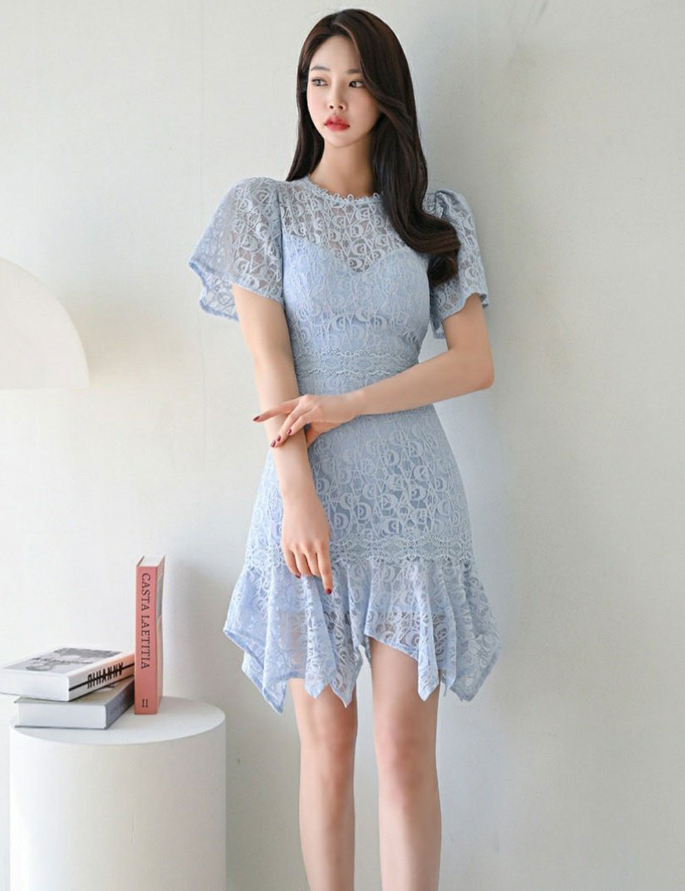 Aidmax ミニ ドレス ワンピース ブルー レース フレア 袖あり S M 韓国 ドレス通販 Color レース 公式通販 Aidmaxgirlsstyle