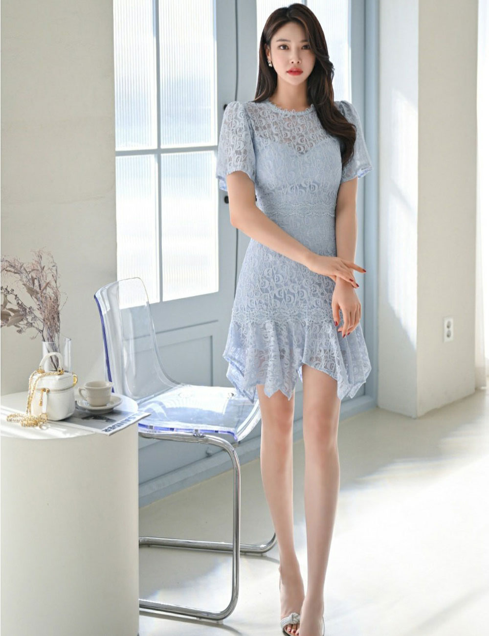Aidmax ミニ ドレス ワンピース ブルー レース フレア 袖あり S M 韓国 ドレス通販 Color レース 公式通販 Aidmaxgirlsstyle