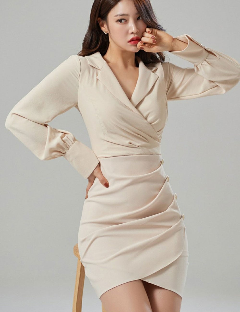 AIDMAX】ミニ/ドレス/ワンピース/ベージュ/袖あり/長袖/S/M/韓国  