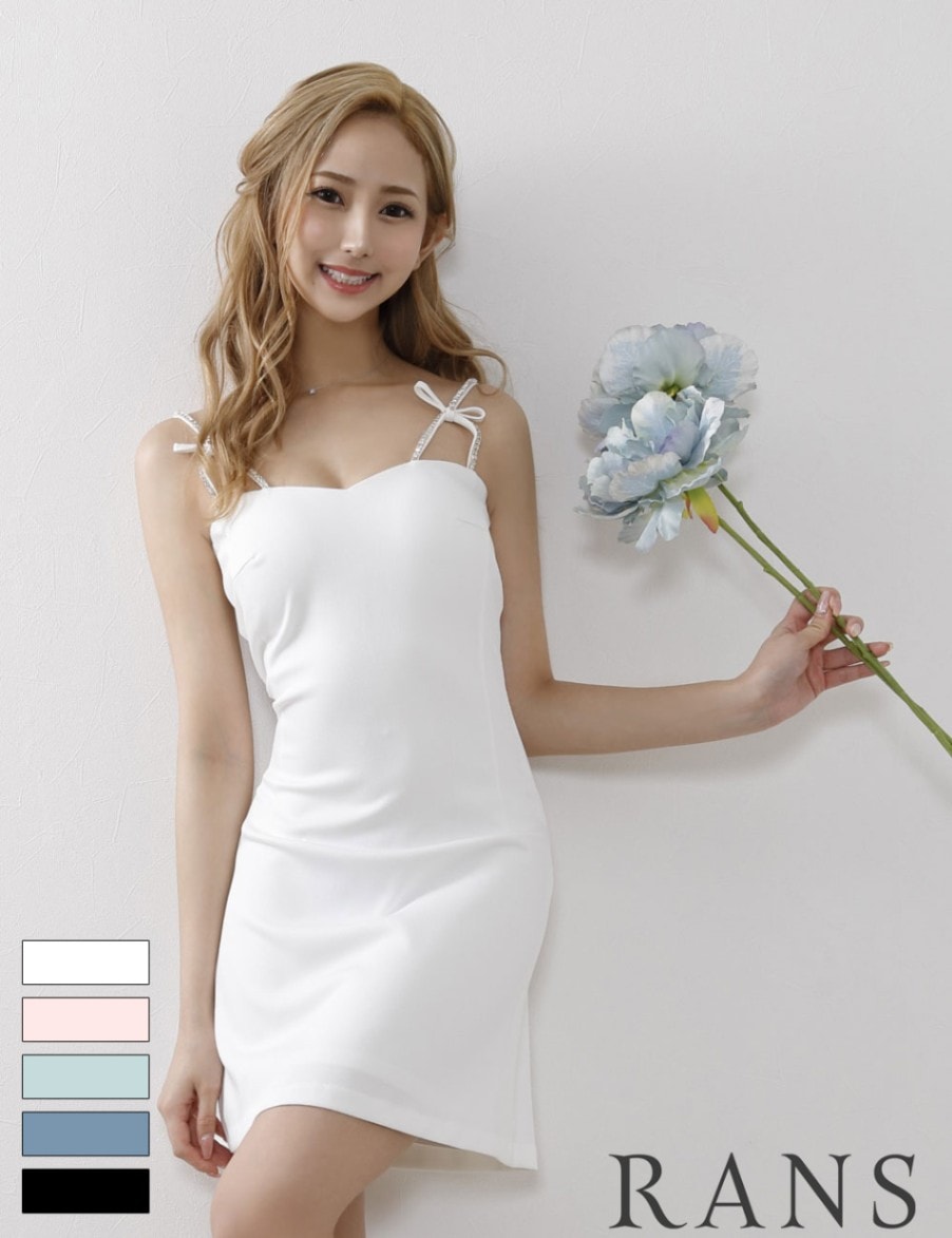 [即納][instock]【RANS】ミニ/ドレス/キャミ/ワンピース/Aライン/ホワイト/ビジュー/リボン