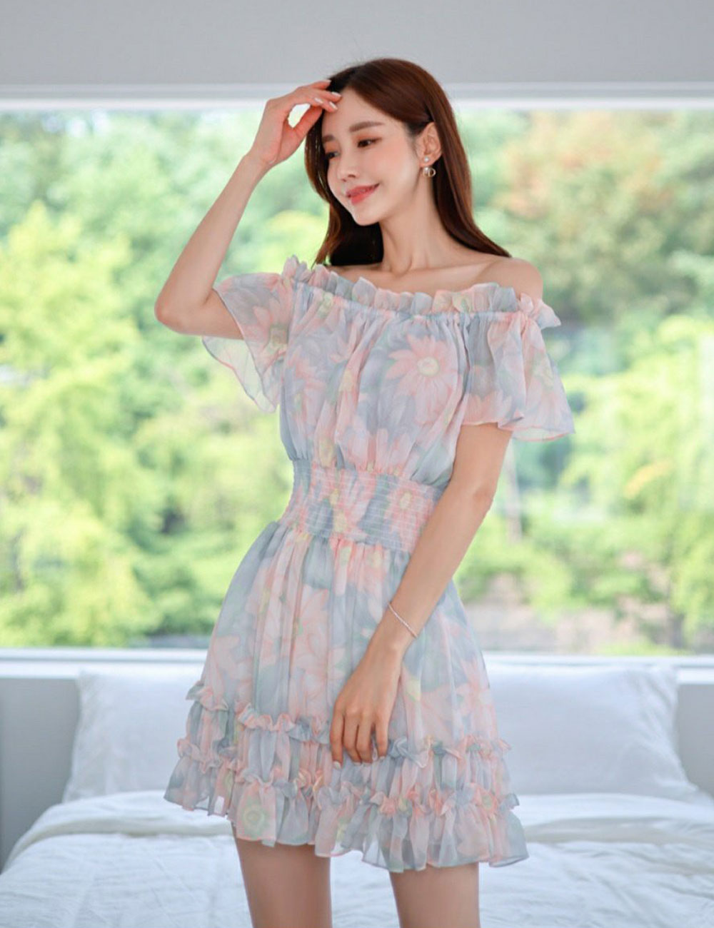 Aidmax ミニ ドレス ワンピース フレア ブルー 花柄 オフショル 袖あり フリル S M 韓国 ドレス通販 すべての商品 公式通販 Aidmaxgirlsstyle