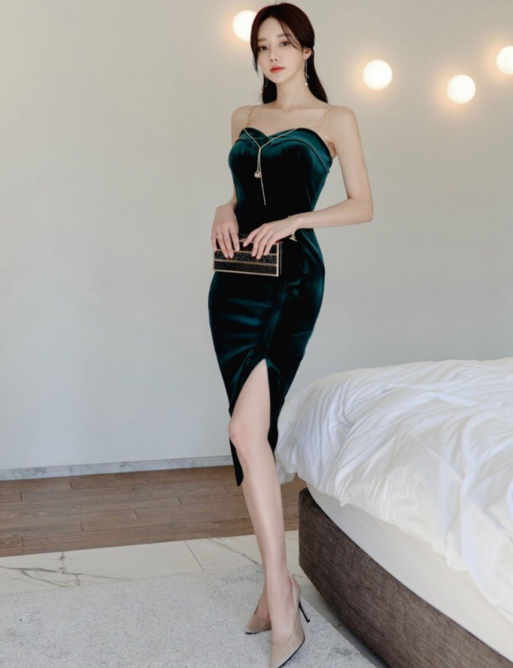 Aidmax 丈長 ドレス ワンピース グリーン ベロア チェーン スリット タイト S M 韓国 ドレス通販 Shape 丈長 公式通販 Aidmaxgirlsstyle