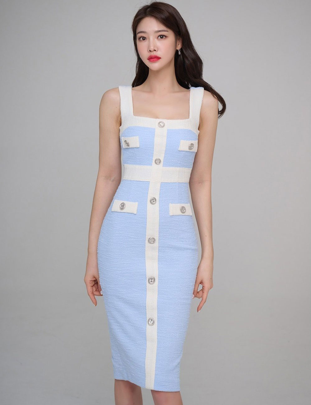 [Sのみ即納][instock]【AIDMAX】丈長/ドレス/タイト/ブルー/ホワイト/ツイード/バイカラー/キャミドレス