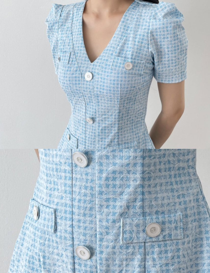 instock]【AIDMAX】ミニ/ドレス/フレア/ワンピース/袖あり/ブルー/千鳥