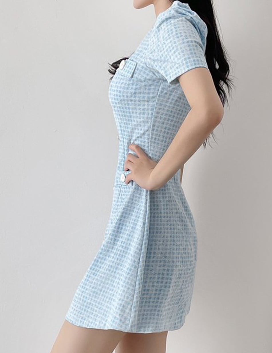 instock]【AIDMAX】ミニ/ドレス/フレア/ワンピース/袖あり/ブルー/千鳥