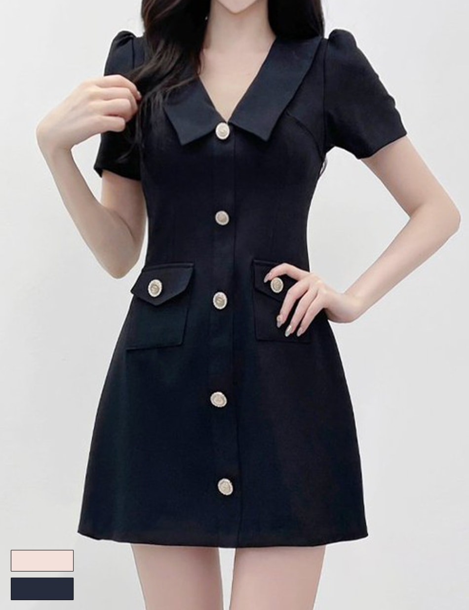 [instock]【ria】ミニ/ドレス/ワンピース/ブラック/フレア/襟付き/袖あり/ボタン