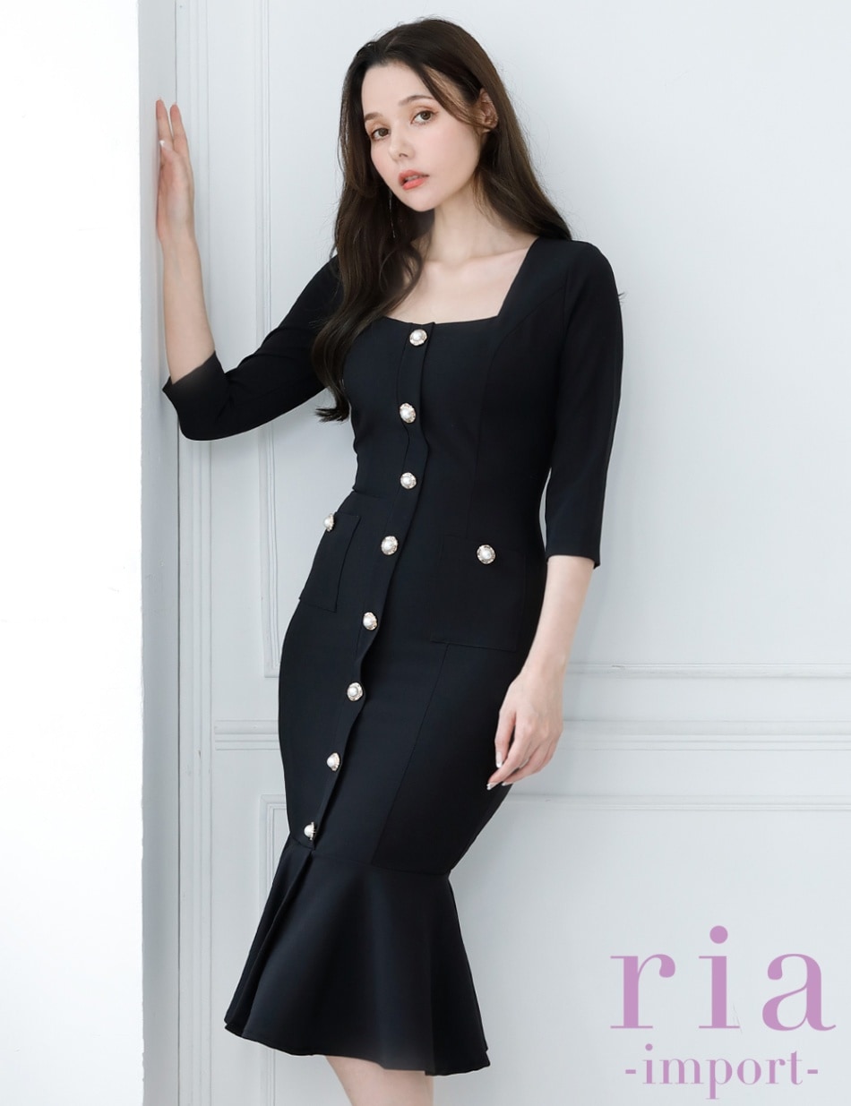 [instock]【ria】丈長/ドレス/ワンピース/ブラック/袖あり/マーメイド/ボタン/スクエア