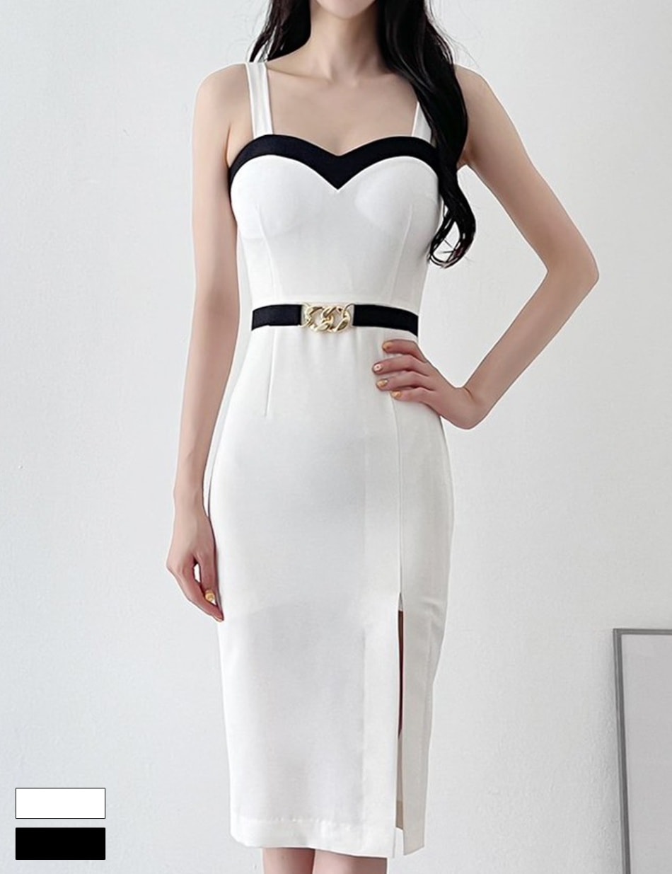 [instock]【ria】丈長/ドレス/ワンピース/ホワイト/ブラック/バイカラー/タイト/キャミワンピース