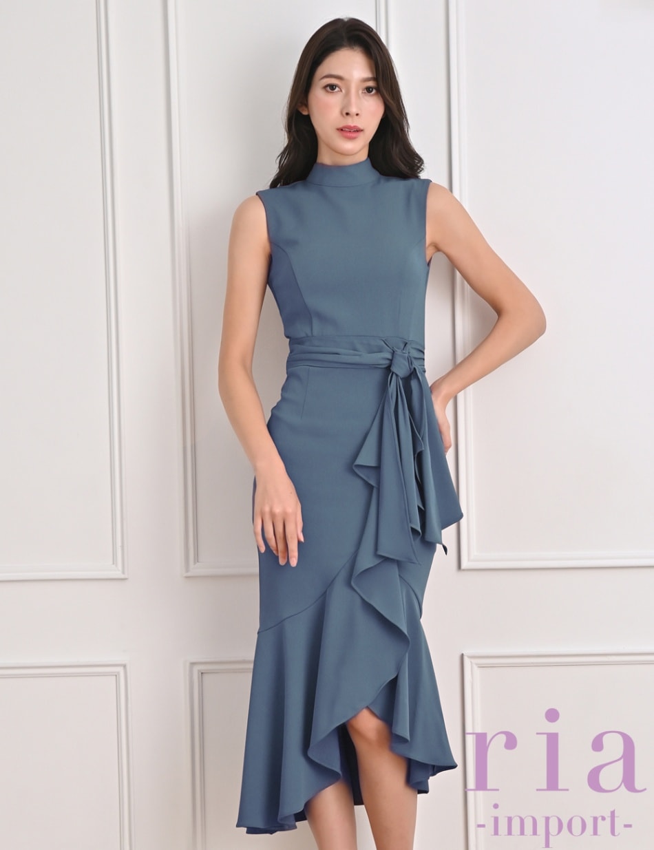 【an】ハイネックフリルドレス ria】丈長/ドレス/ワンピース/ブルー/アシメデザイン/ハイネック