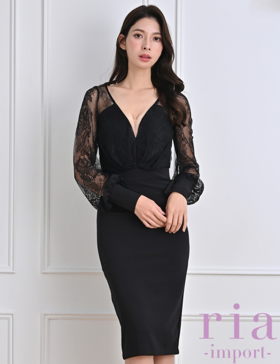 ria】丈長/ドレス/タイト/ワンピース/ブラック/レース/長袖/袖あり/V