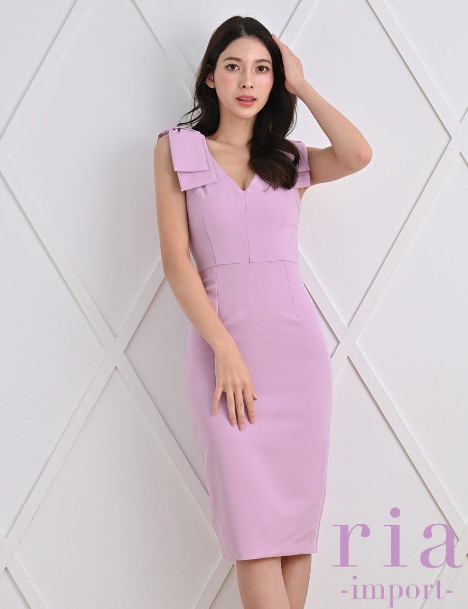 【ria】丈長/ドレス/タイト/ワンピース/パープル/リボン/ノースリーブ