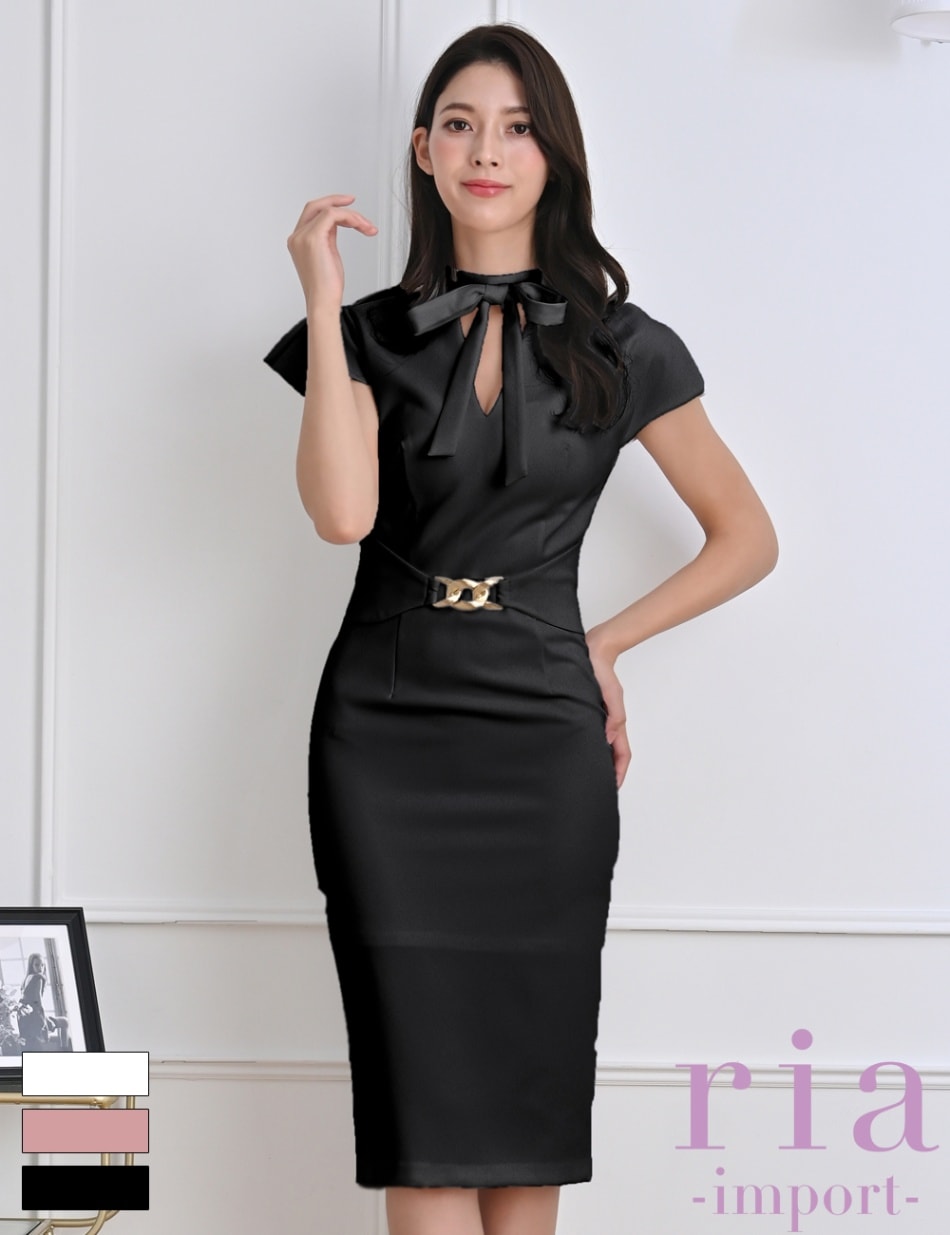 【ria】丈長/ドレス/ワンピース/ブラック/リボン/フロントカットアウト/タイト/半袖