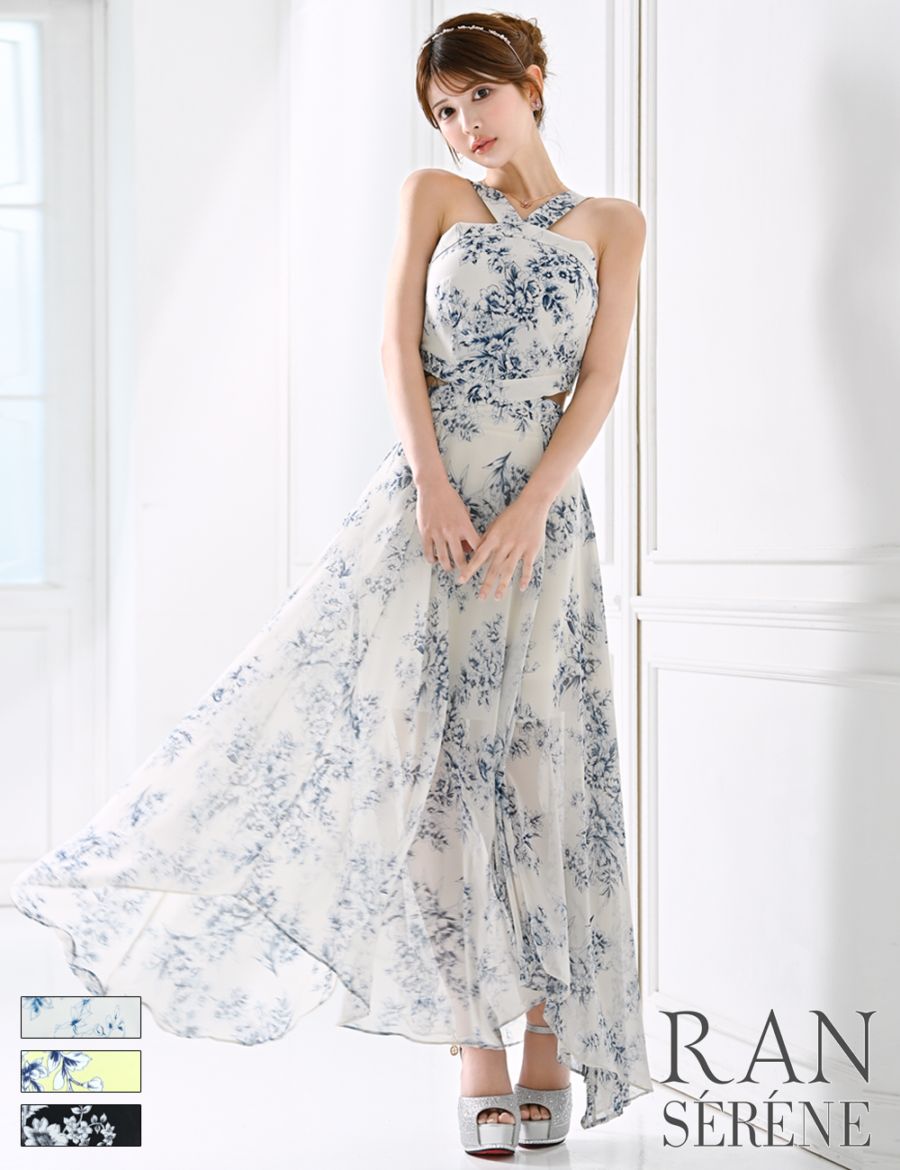 [即納][instock]【RAN SERENE】ロング/ドレス/ホワイト/ホルターネック/フレア/サイドカットアウト/柄/花柄