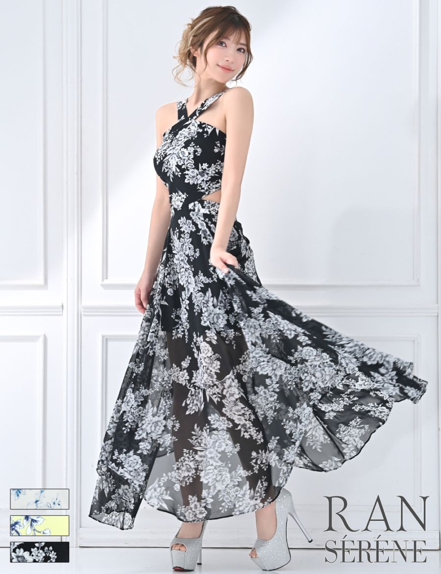 [即納][instock]【RAN SERENE】ロング/ドレス/ブラック/ホルターネック/フレア/サイドカットアウト/柄/花柄