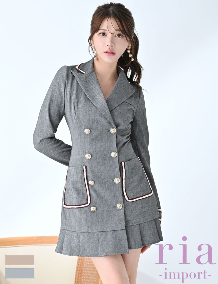 【ria】ミニ/ドレス/ワンピース/グレー/襟付き/袖あり/長袖/フレア