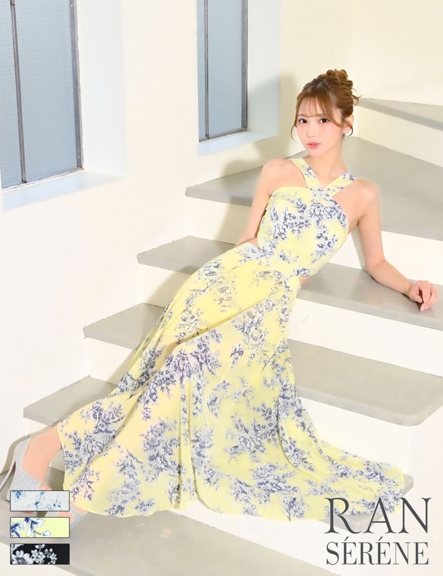 [即納][instock]【RAN SERENE】ロング/ドレス/イエロー/ホルターネック/フレア/サイドカットアウト/柄/花柄