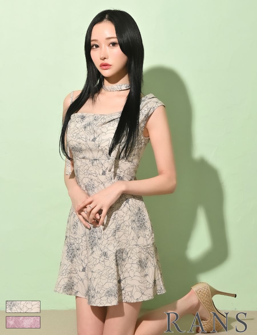 [即納][instock]【RANS】ミニ/ドレス/ワンピース/フレア/ベージュ/キャミ/ドレープ/リボン